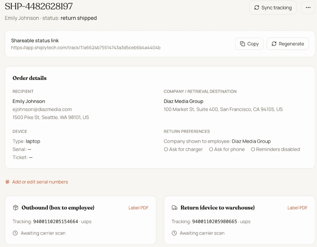 Actual ShiplyTech order record with return tracking, test data